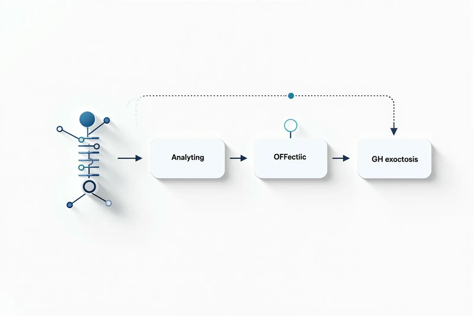 Left-to-right node-graph pipeline of the GHRH receptor signaling cascade on cool off-white — a seven-bar receptor with a blue ligand feeding four stage cards to a teal GH-exocytosis terminal, with a dashed amber somatostatin feedback loop above