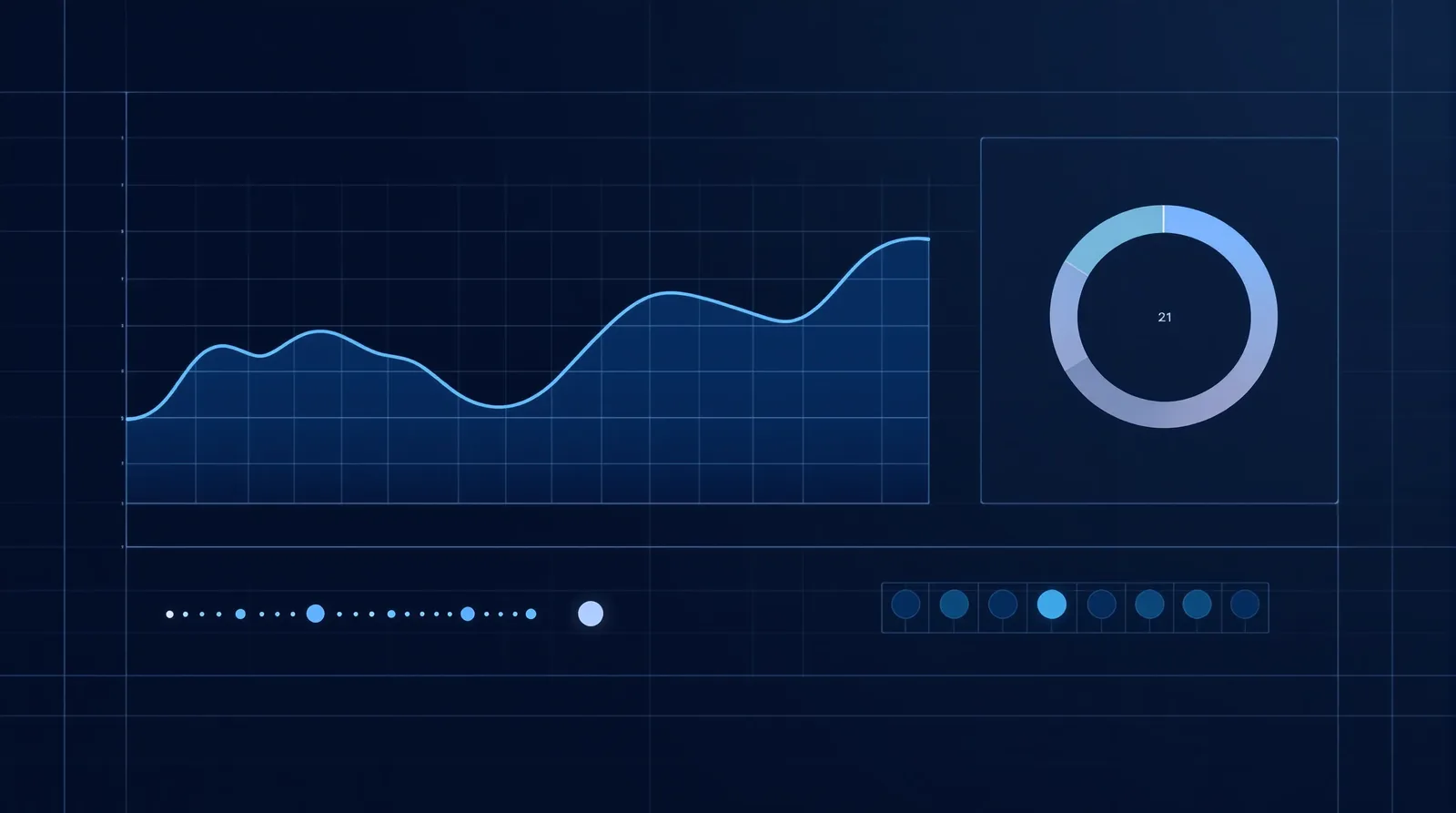 Abstract analytics-dashboard illustration on slate navy — a blue line-chart curve, a teal semicircular gauge, and a four-stage pipeline of status-coded chips